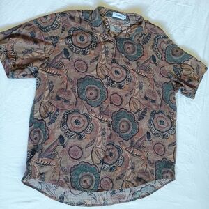 Vatpave Brown & Green Retro Floral Button Down Shirt - Short Sleeve XL